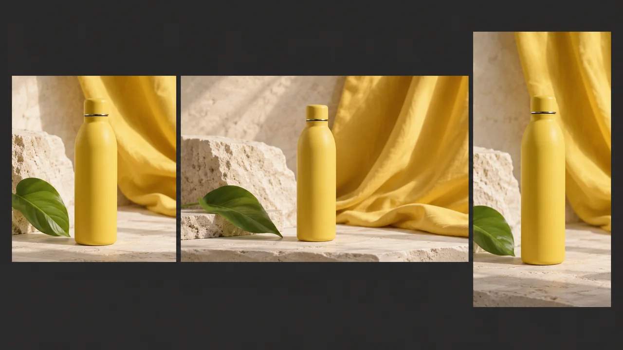 Original yellow bottle photograph composed in square, landscape and portrait formats