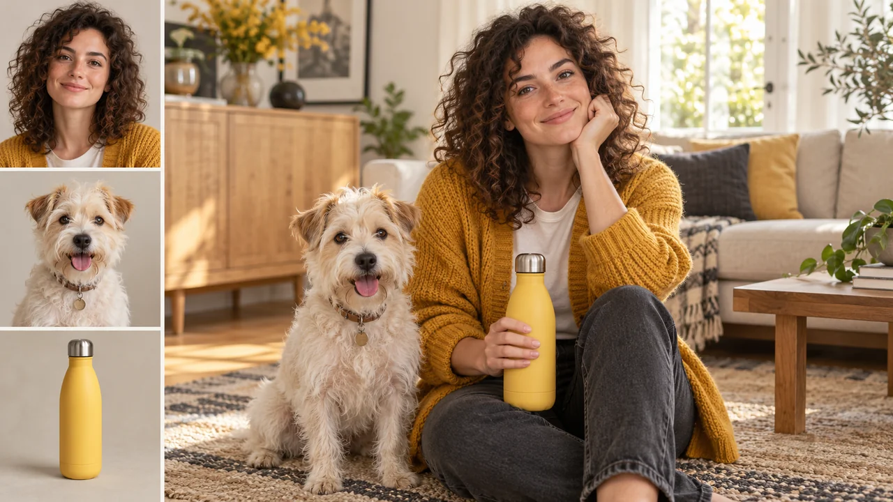 Original reference montage of a curly-haired woman, a cream terrier and a yellow bottle composed into a sunny living-room photograph