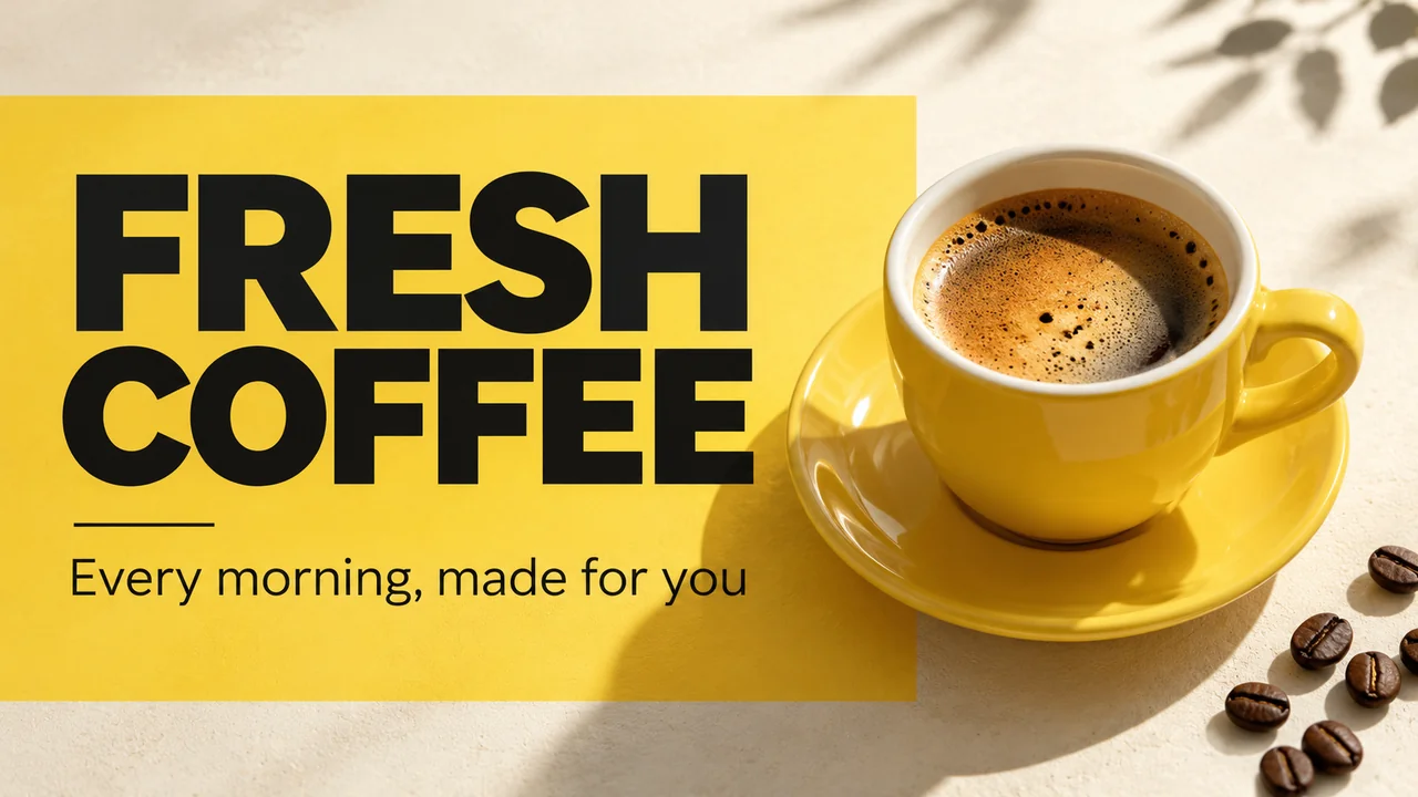 原创黄色与象牙白咖啡海报，清晰的 FRESH COFFEE 黑色文字和黄色咖啡杯