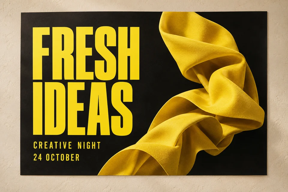 黑黄配色活动海报，展示 FRESH IDEAS、CREATIVE NIGHT 和 24 OCTOBER 文字