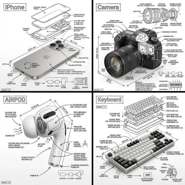 Exploded technical product diagrams